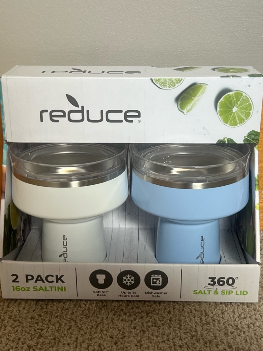 Reduce , 2-Pack 16oz Saltini Tumblers in White & Light Blue, New in box
